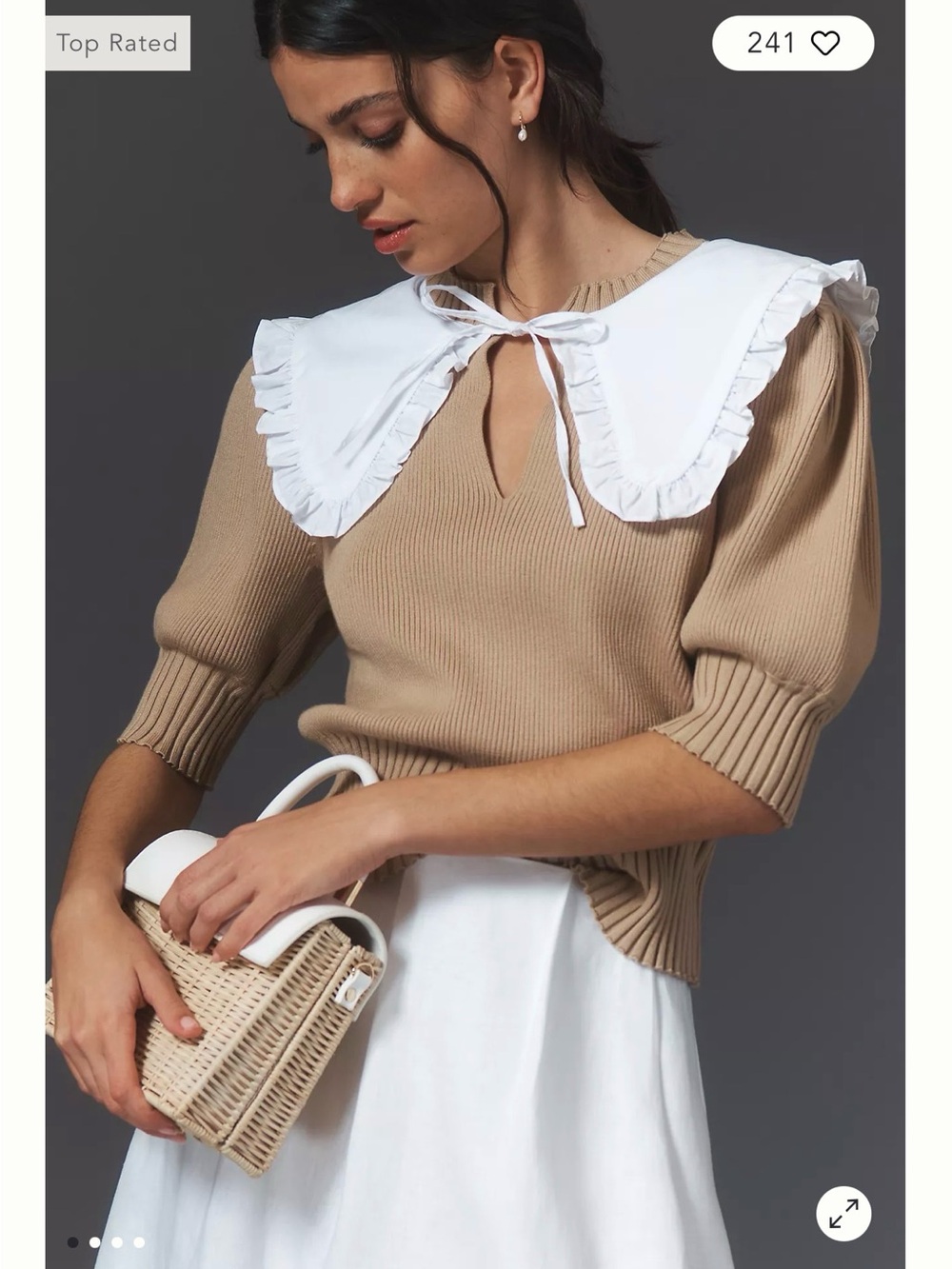 Anthropologie English Factory Puff-Sleeve Poplin Collared Sweater Size M